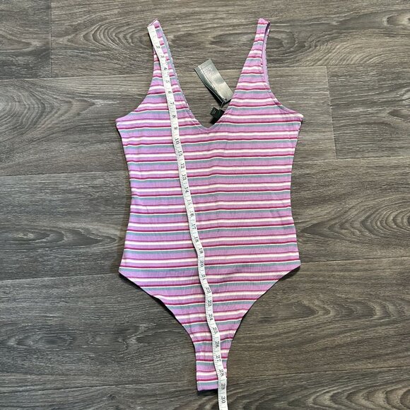 NWT Wild Fable Medium Striped Double V-Neck Bodysuit Snap Lilac Teal Stripes - Picture 8 of 9